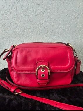 Women's Coach Red Leather Crossbody Bag with Buckle Detail